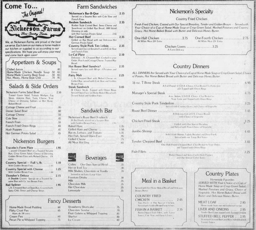 Nickerson Farms - Apr 13 1977 Menu